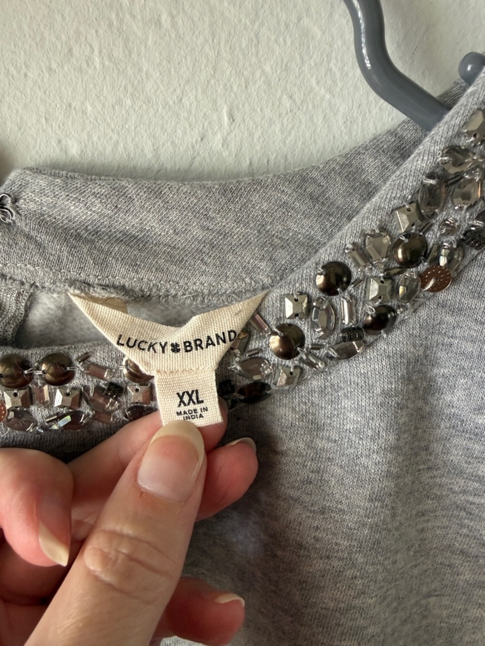 Lucky Brand embellished neckline swingy sweatshirt with back zip and raw hem - Picture 4 of 7